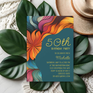 Invitación Curvas retro de Naranja verde azulado 50 cumpleaño