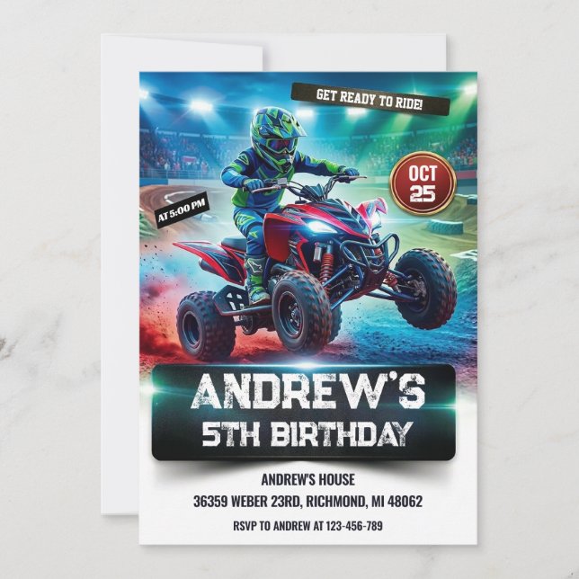 Invitación Custom 4 Wheeler ATV Birthday Party for boy (Anverso)