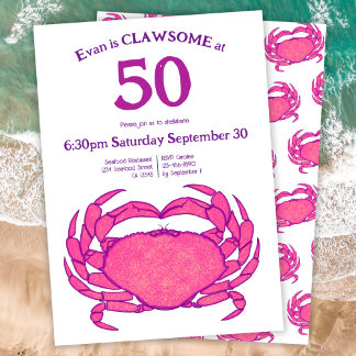 Invitación Custom 50th Birthday Bold Pink Crab Seafood Pun