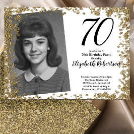 Invitación Custom 70th Photo Black and Gold Sequins