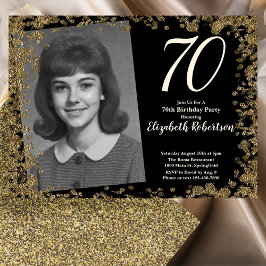 Invitación Custom 70th Photo Black and Gold Sequins