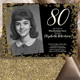 Invitación Custom 80th Photo Black and Gold Sequins
