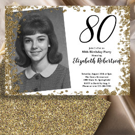 Invitación Custom 80th Photo Black and Gold Sequins