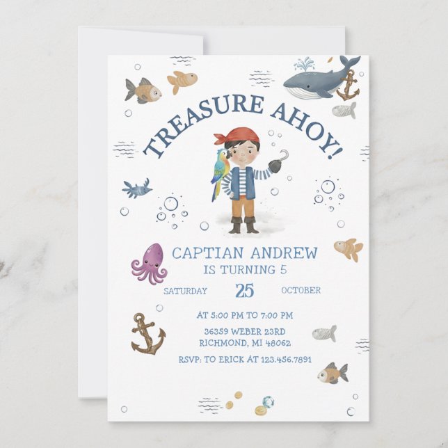 Invitación Custom Ahoy Mateys Printable Birthday Party (Anverso)