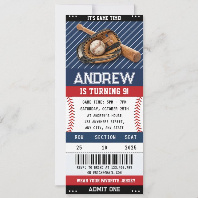 Invitación Custom Baseball Ticket Birthday with photo for boy (Anverso)