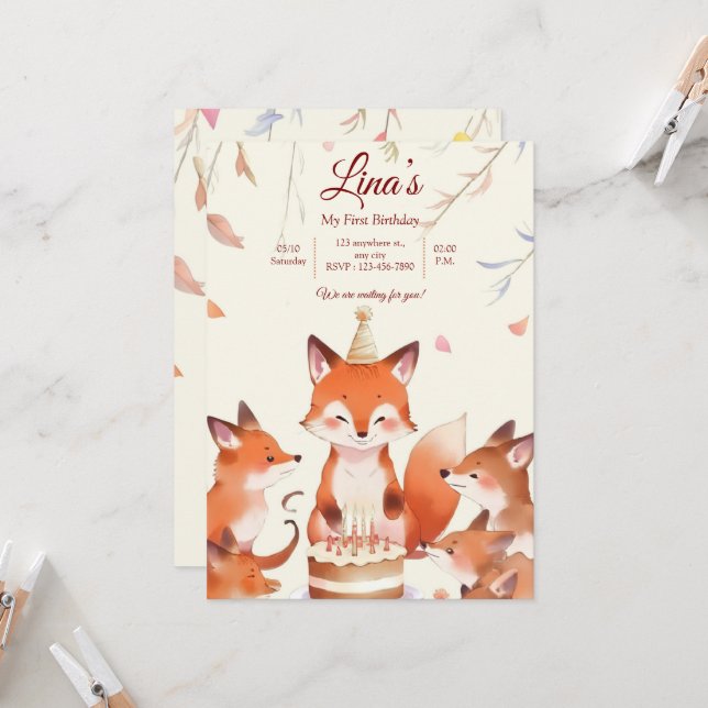 Invitación Custom Birthday Invitation with Cute Foxes (Anverso/Reverso In Situ)