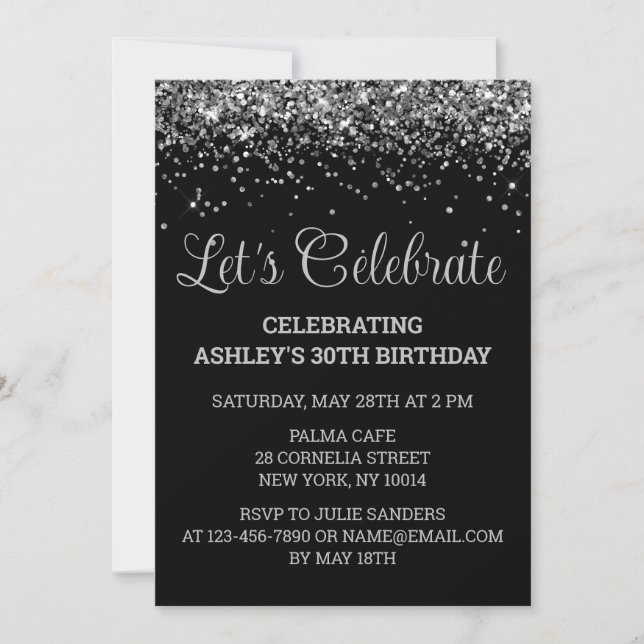 Invitación Custom Black & Silver Glitter 30th Birthday Party (Anverso)