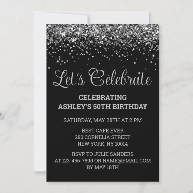 Invitación Custom Black & Silver Glitter 50th Birthday Party (Anverso)