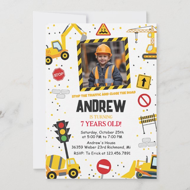 Invitación Custom Construction Birthday Party with Image (Anverso)