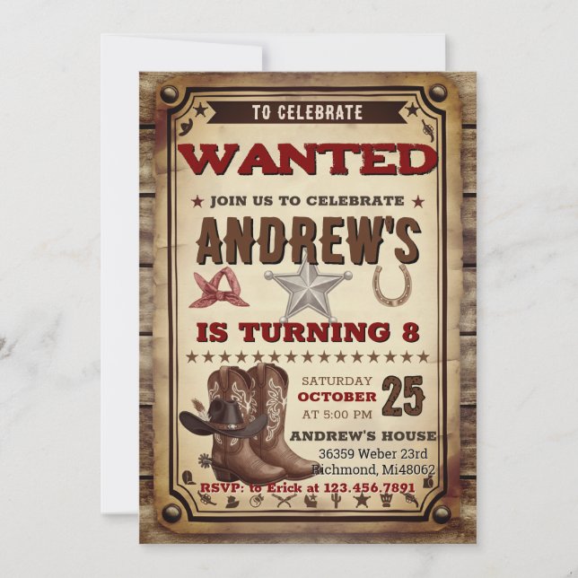 Invitación Custom Cowboy Country Western Birthday party (Anverso)