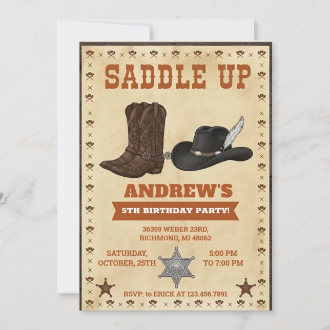 Invitación Custom Cowboy Western Theme Birthday Party (Anverso)