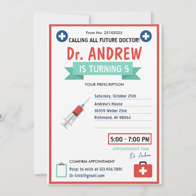 Invitación Custom Digital Kids Doctor Pretend Birthday Party (Anverso)