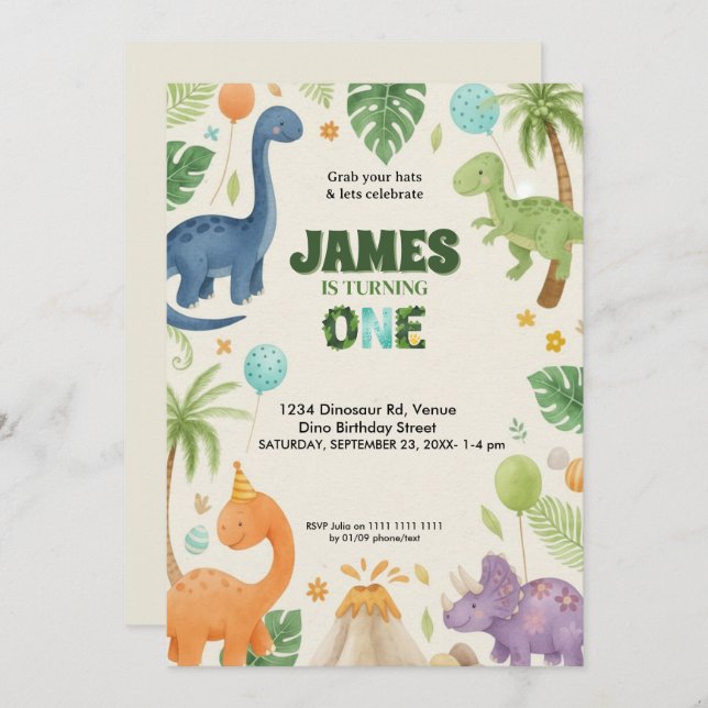 Invitación Custom Dino Jungle 1st Birthday Invitation  (Anverso / Reverso)