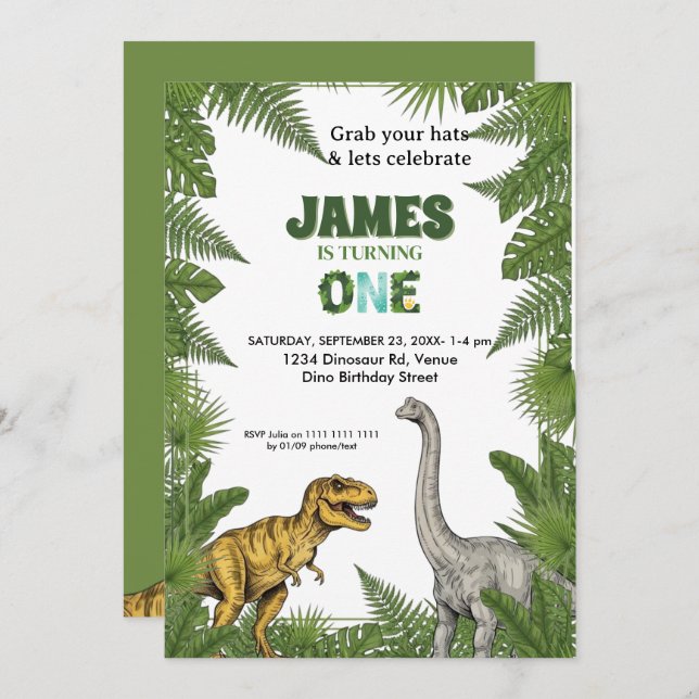 Invitación Custom Dinosaur Jungle 1st Birthday Invitation (Anverso / Reverso)