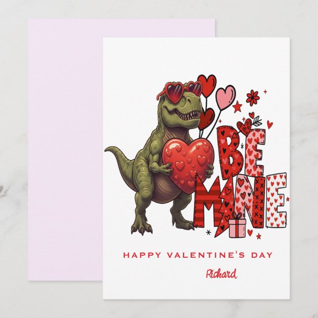 Invitación Custom Dinosaur Valentine Card – T‑Rex Be Mine (Anverso / Reverso)