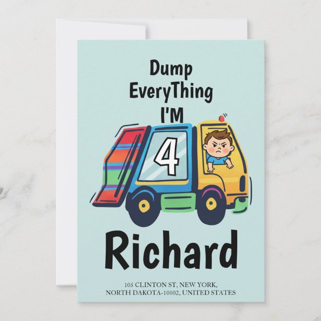 Invitación Custom Dump Everything! I'm 4 Garbage Truck Birth (Anverso)