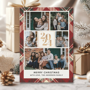 Invitación Custom Family Christmas card with 5 Photos Tartan 
