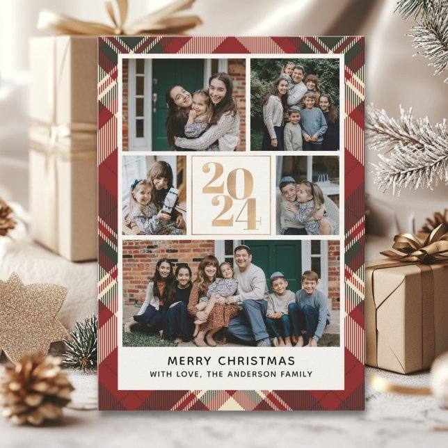 Invitación Custom Family Christmas card with 5 Photos Tartan  (Subido por el creador)