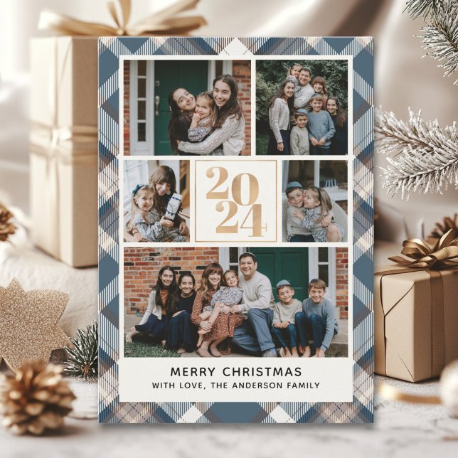 Invitación Custom Family Christmas card with 5 Photos Tartan  (Subido por el creador)