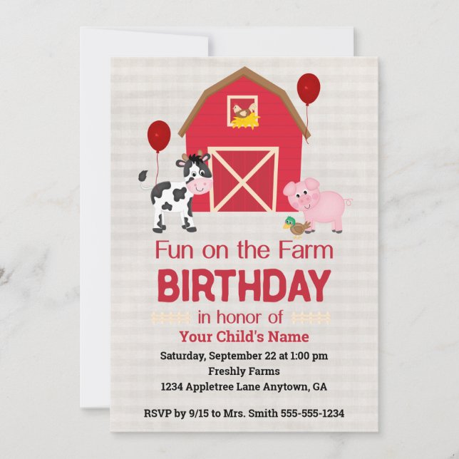Invitación Custom Fun on the Farm Birthday Gingham  (Anverso)