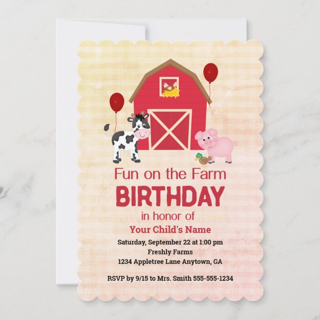 Invitación Custom Fun on the Farm Child Birthday Gingham  (Anverso)
