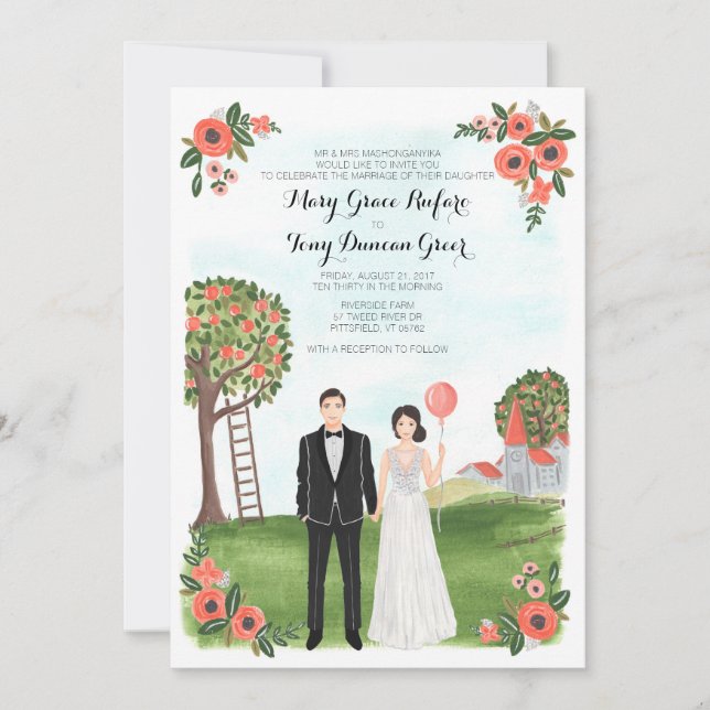 Invitación Custom Illustrated Couple Portrait Farm Wedding (Anverso)