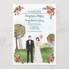 Invitación Custom Illustrated Couple Portrait Farm Wedding