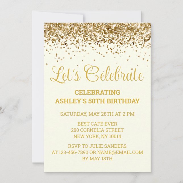 Invitación Custom Ivory and Gold Glitter 50th Birthday Party (Anverso)