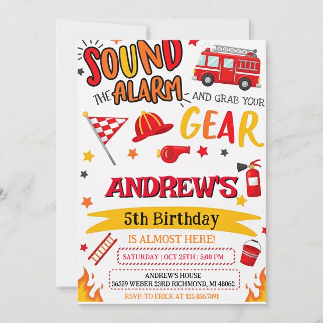 Invitación Custom Modren Fireman Birthday party (Anverso)
