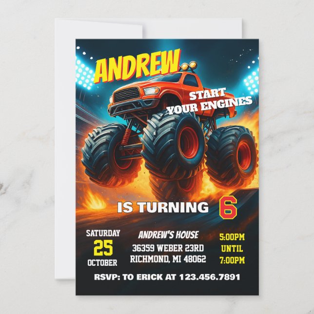 Invitación Custom Monster Truck Cars Birthday Party  (Anverso)