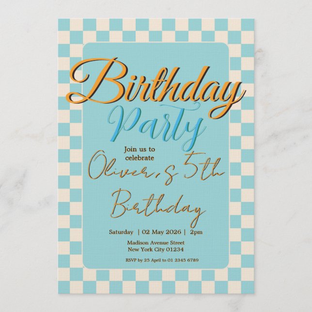 Invitación Custom Pastel Blue Checkered Birthday Party (Anverso)