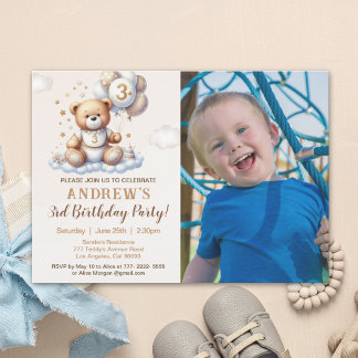 Invitación Custom Photo 3rd Birthday Invite – Bear on a Cloud