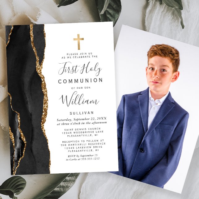 Invitación Custom Photo Black Agate Gold First Holy Communion (Subido por el creador)