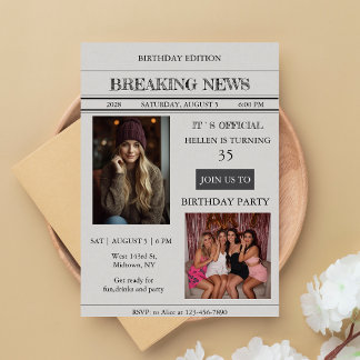 Invitación Custom Photo Newspaper Style Birthday Invitation