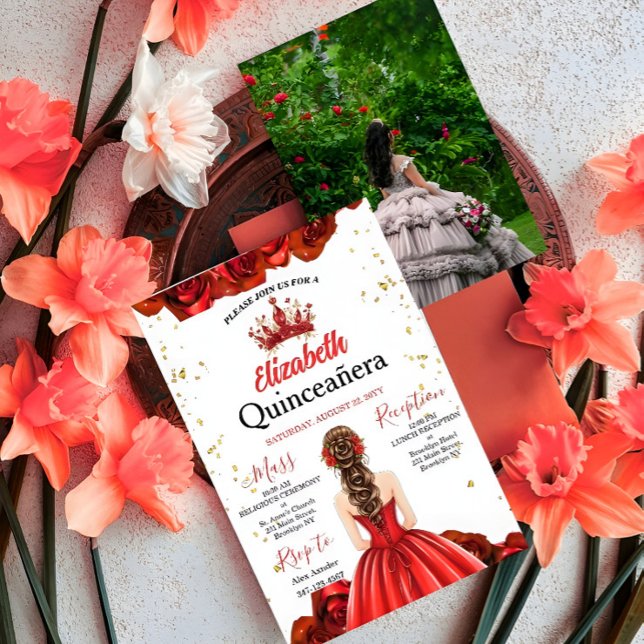 Invitación Custom Photo Royal Red Rose Quinceañera Invite (Subido por el creador)