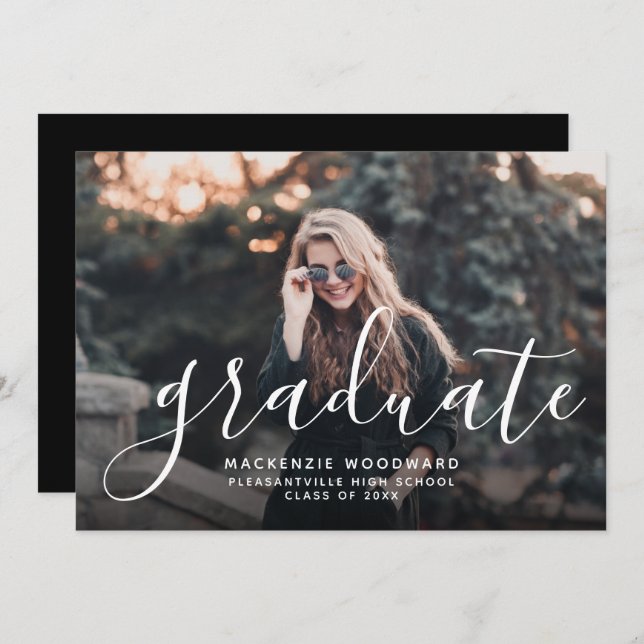 Invitación Custom Photo Script Black Graduation Party (Anverso / Reverso)