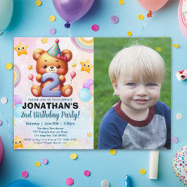 Invitación “Custom Photo Teddy Bear 2nd Birthday | Watercolor