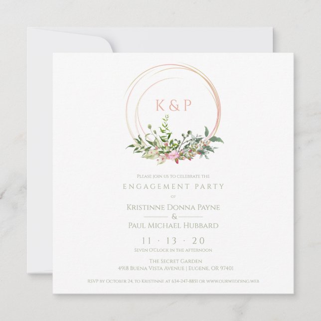 Invitación Custom Pink Elegant Garland Wreath Wedding Party (Anverso)