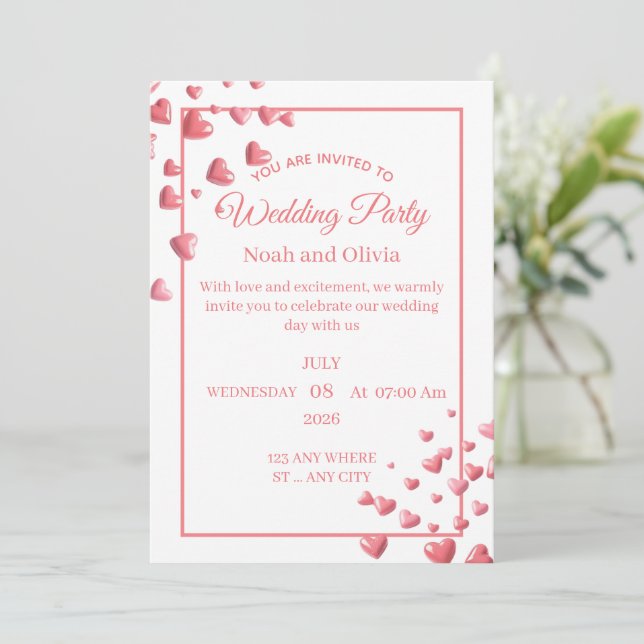Invitación Custom Pink Heart Wedding Invitation Card (Anverso de pie)