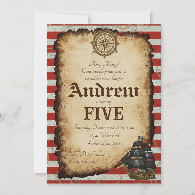 Invitación Custom Pirate Skull Treasure Map Ahoy Birthday (Anverso)