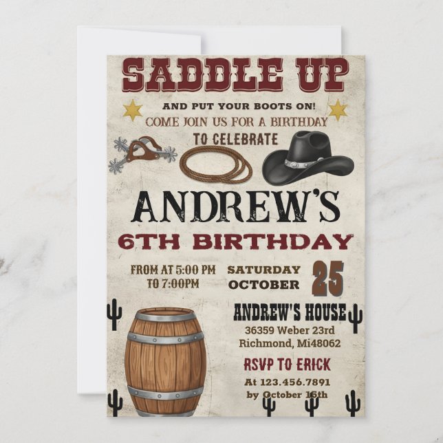 Invitación Custom Rustic Cowboy Western Birthday Party (Anverso)