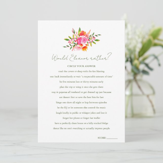 Invitación Custom Would She Rather Floral Shower Game (Anverso de pie)