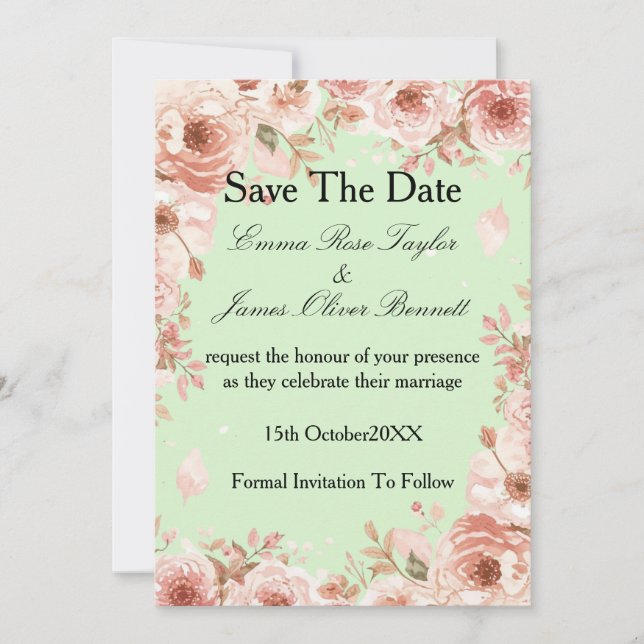 Invitación Customisable Floral mint Pink Roses Save the Date  (Anverso)