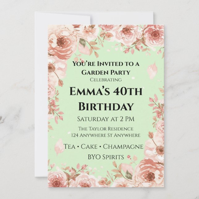 Invitación Customisable Mint Green & Pink Floral Garden Party (Anverso)