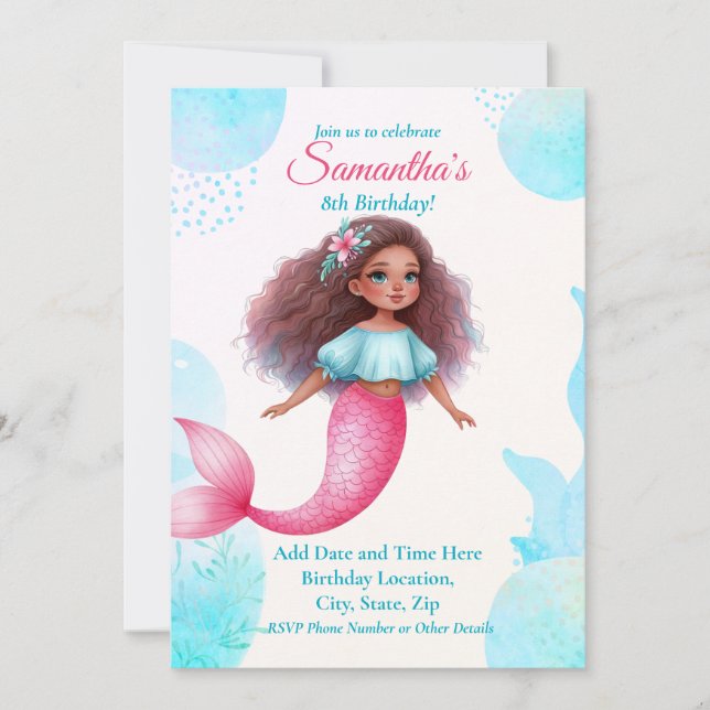 Invitación Customizable African American Mermaid Party (Anverso)