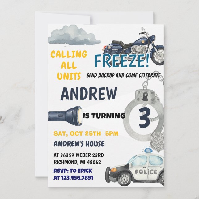 Invitación Customizable Police Cop kid birthday Party  (Anverso)