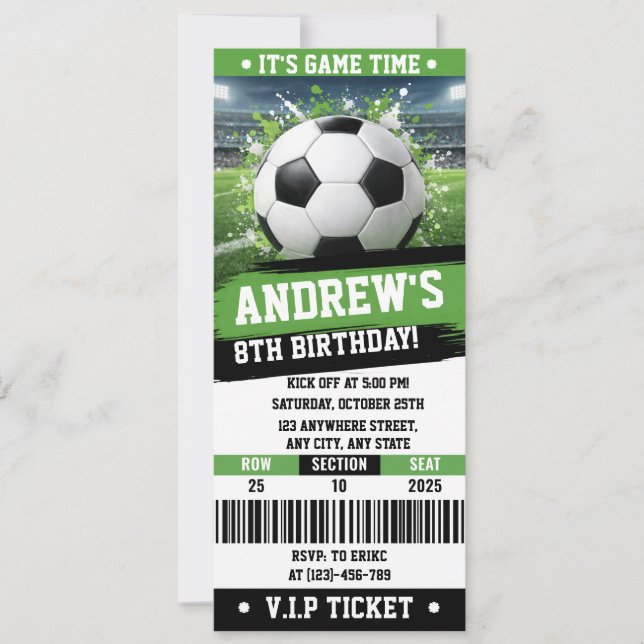Invitación Customizable Soccer Printable Ticket Birthday (Anverso)