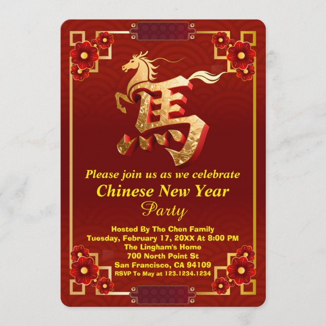 Invitación Customized Gold Horse Red Chinese New Year Party  (Anverso)