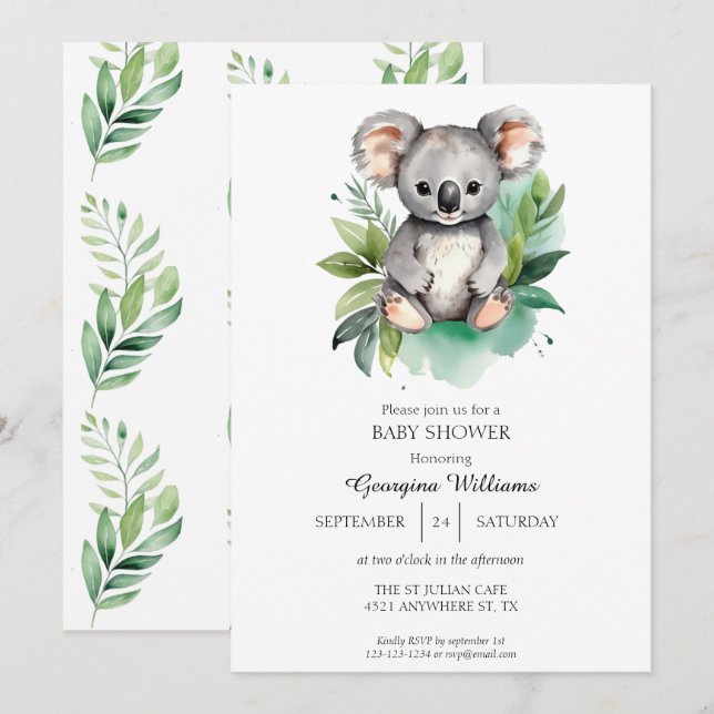Invitación Cuta acuarela Baby Koala Baby Shower (Anverso / Reverso)