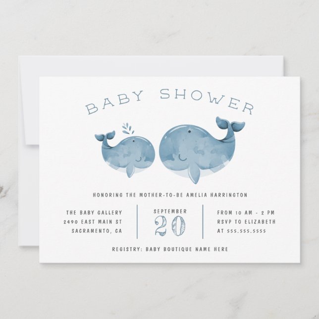 Invitación Cuta acuarela, Baby Shower azul de Whale Boy (Anverso)
